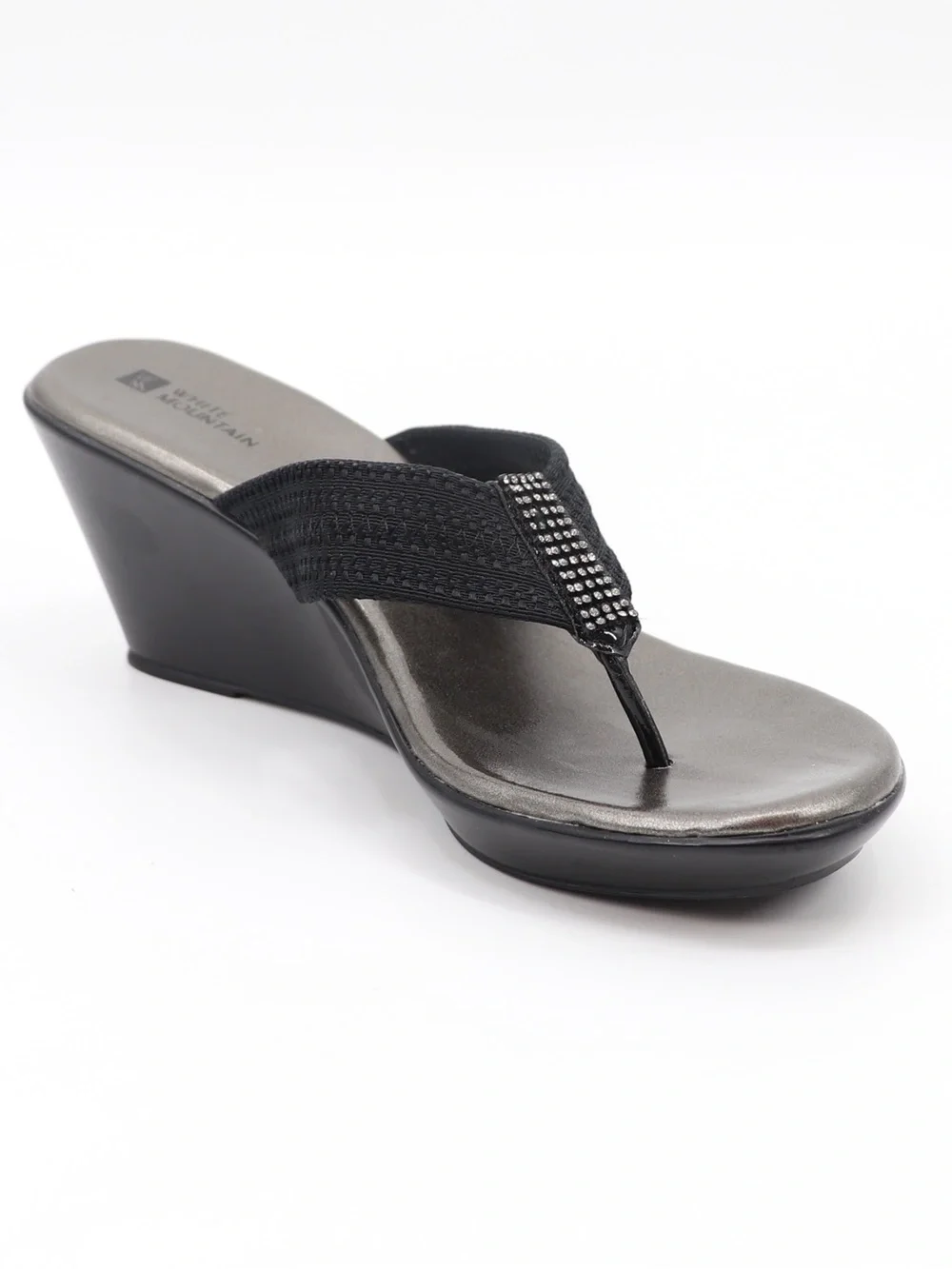 White Mountain Women’s 9 Black Rhinestone Wedge Thong Sandal